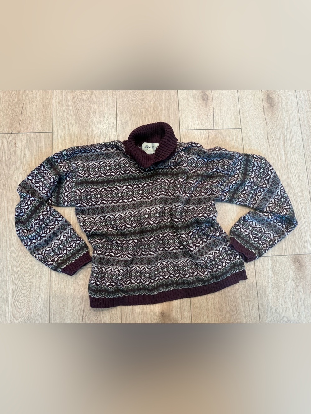 Eddie Bauer Maroon and Green Fair Isle Turtleneck Sweater